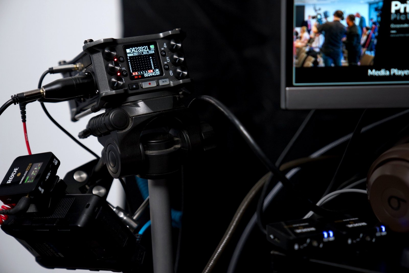 Professional camera setup with tripod, lens, lighting, and accessories arranged for a studio photoshoot or video recording.